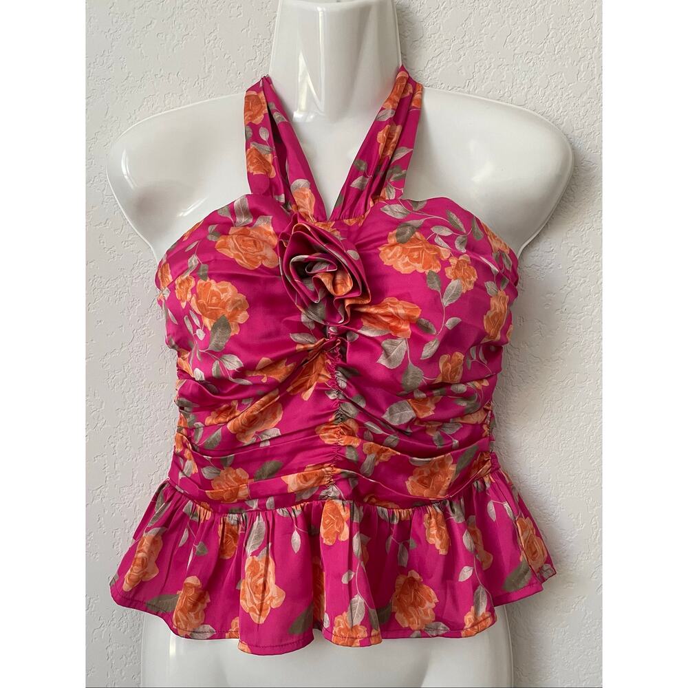 Wayf Jaden Rosette Cutout Satin Magenta Roses Floral Halter Top Y2K - Size 8